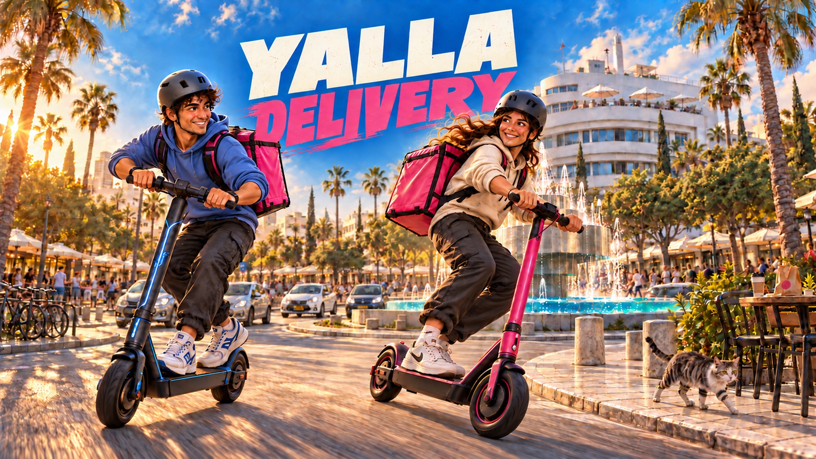 Yalla Delivery — two scooter couriers in Dizengoff Square