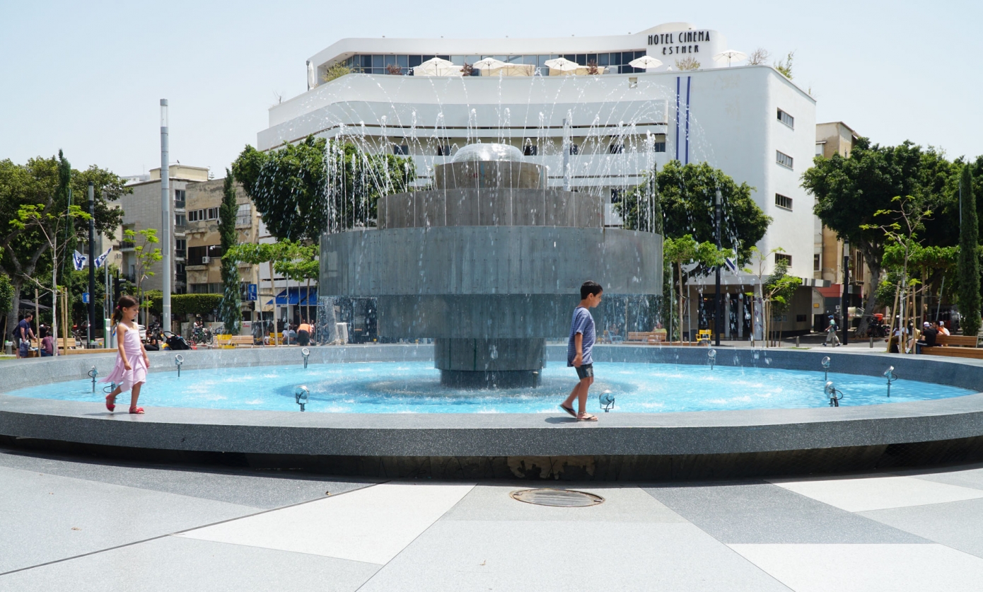 Architect project photograph of the restored Dizengoff Square fountain and Cinema Hotel